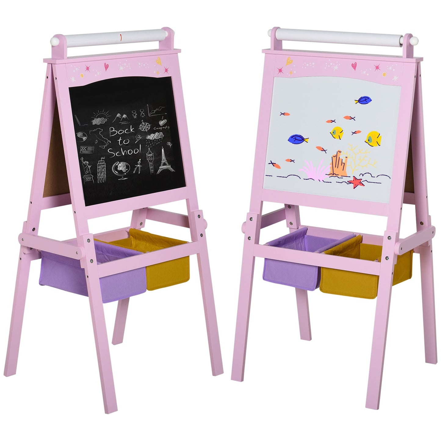 HOMCOM Kids Wooden Art Easel with Paper Roll Double-Sided Chalkboard, Whiteboard