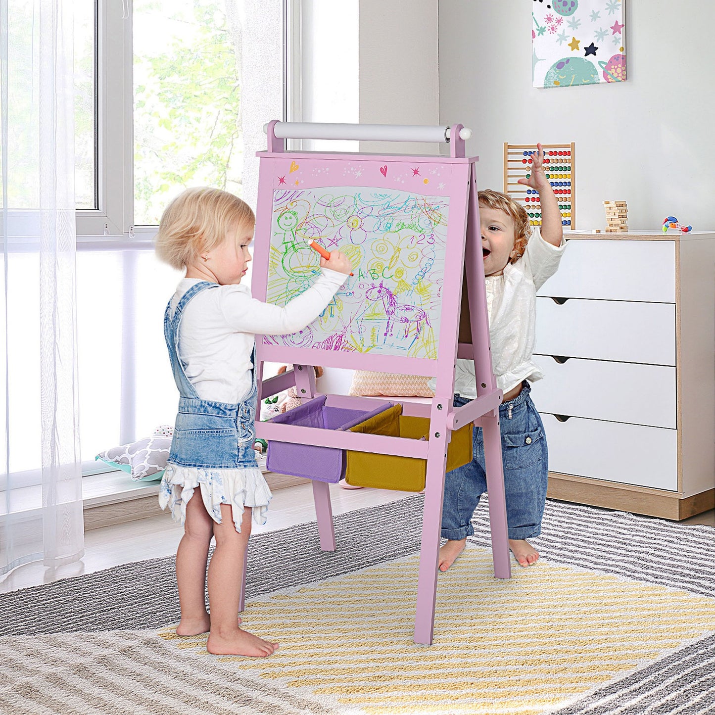 HOMCOM Kids Wooden Art Easel with Paper Roll Double-Sided Chalkboard, Whiteboard