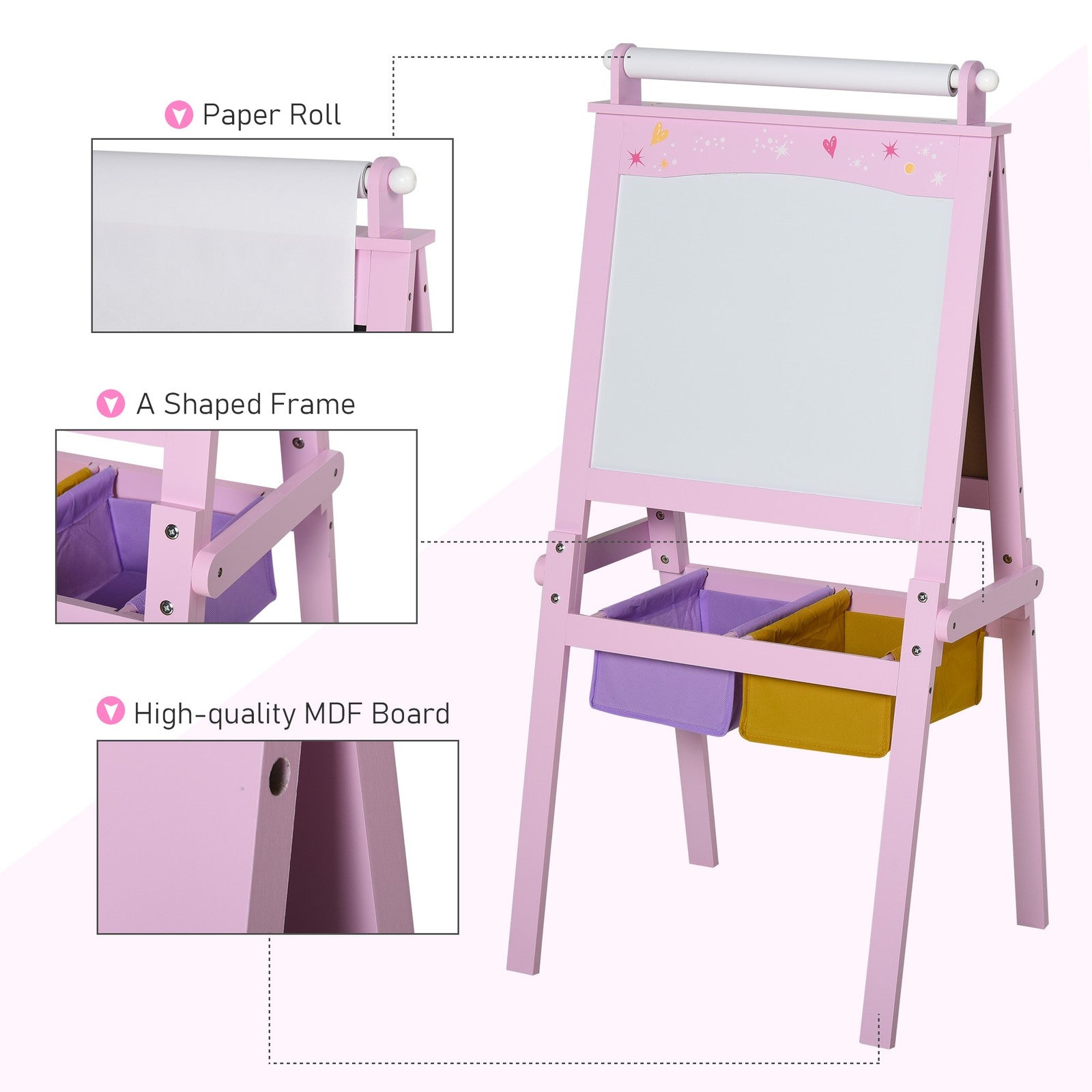 HOMCOM Kids Wooden Art Easel with Paper Roll Double-Sided Chalkboard, Whiteboard