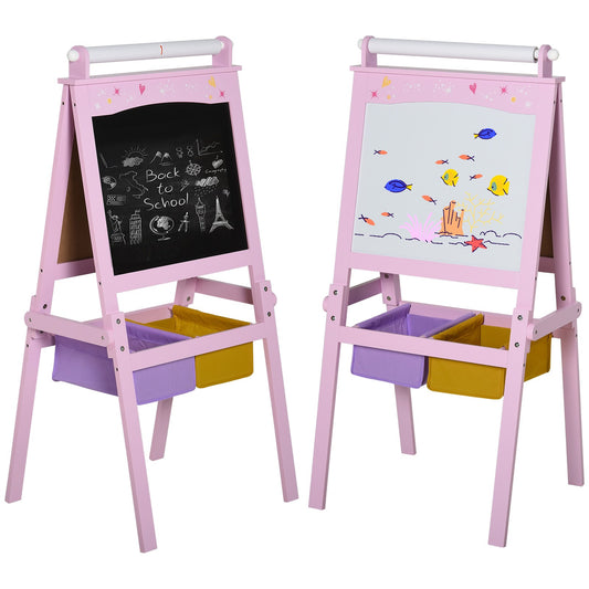 HOMCOM Kids Wooden Art Easel with Paper Roll Double-Sided Chalkboard, Whiteboard