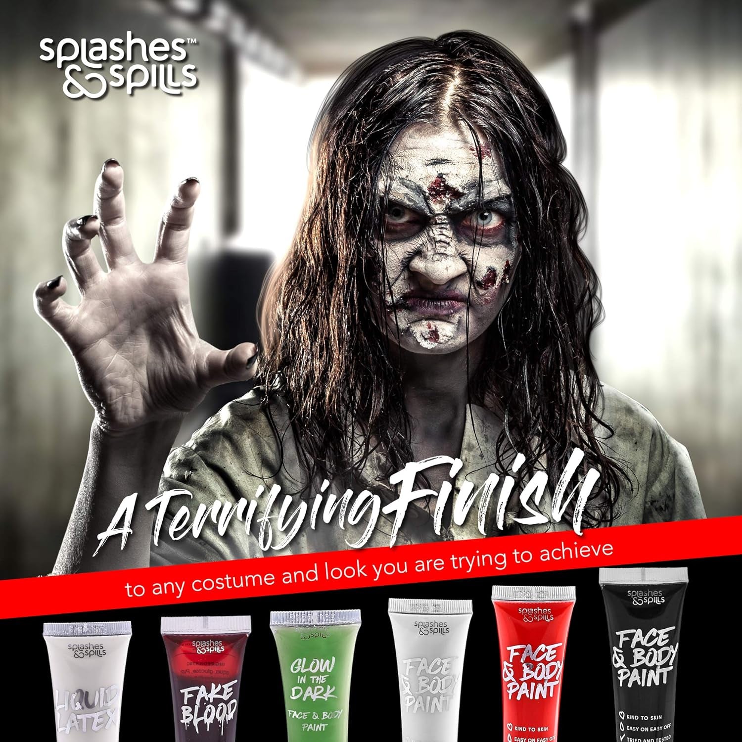 Horror SFX Kit for Halloween Makeup– Full Set of 6 Includes Liquid Latex, Fake Blood, Glow in the Dark Face & Body Paint, plus White, Black and Red Face & Body Paint