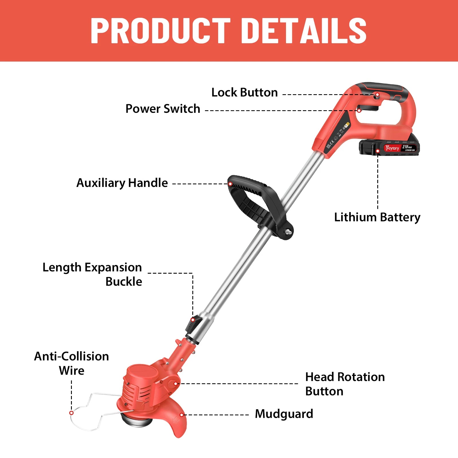 Electric Lawn Mower 21V Cordless Grass Trimmer Length Adjustable Cutter Household Garden Tools 36000RPM Battery with Battery