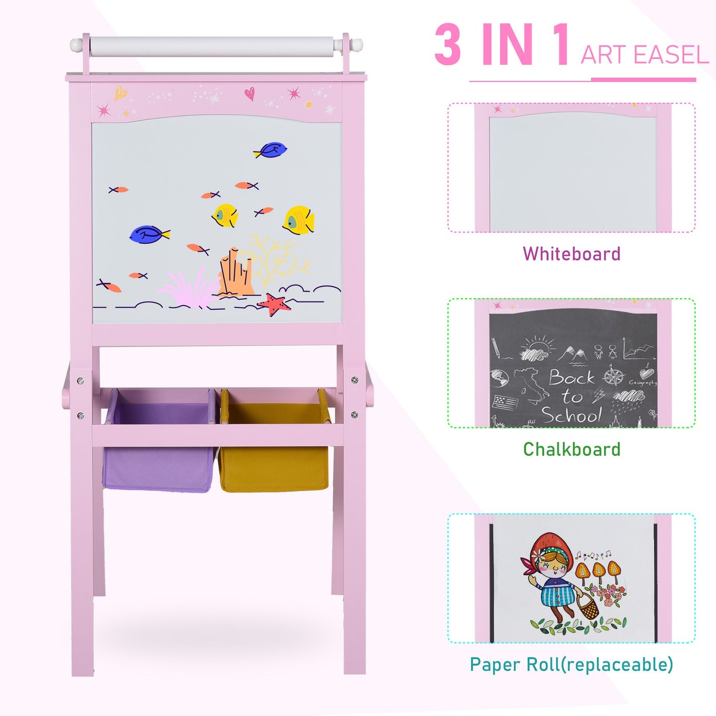 HOMCOM Kids Wooden Art Easel with Paper Roll Double-Sided Chalkboard, Whiteboard