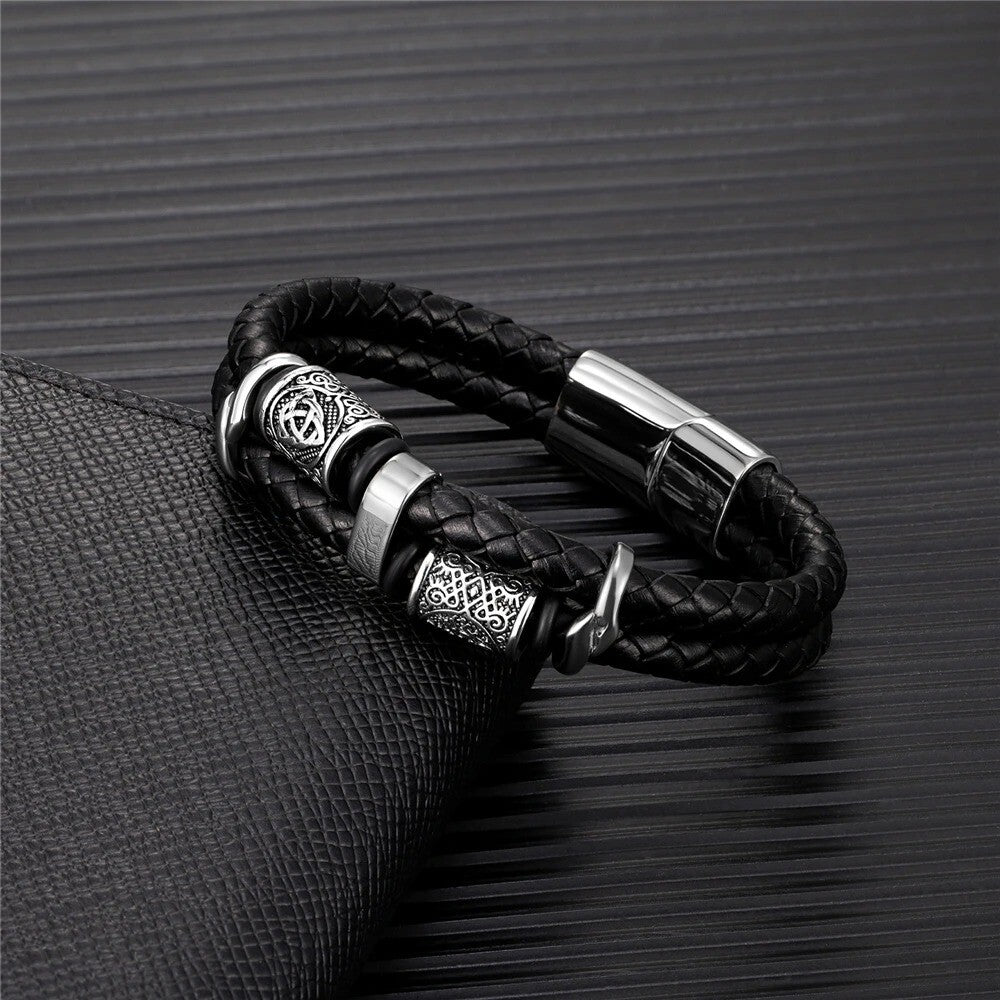 Norse Viking Compass Runes Amulet Leather Bracelet for Men Mythology Jewellery