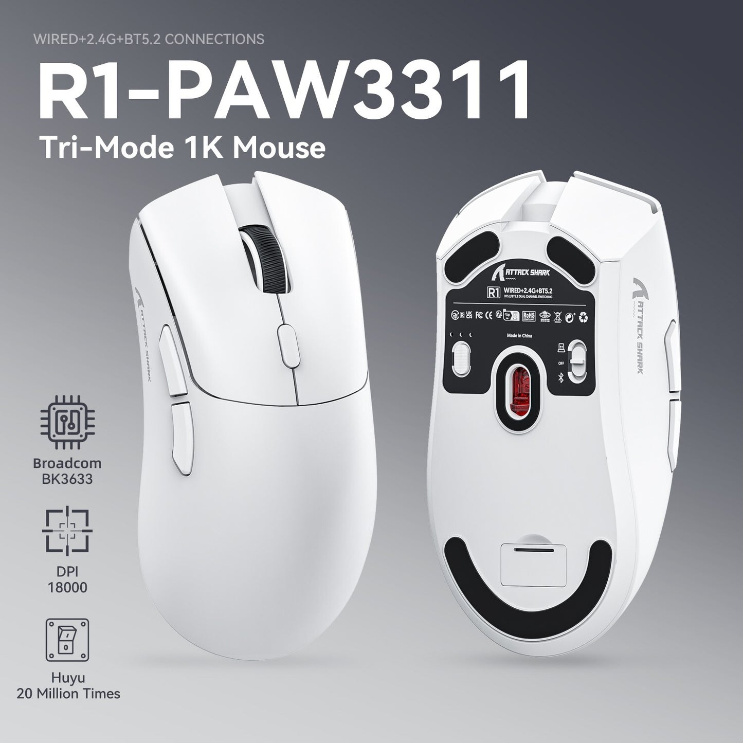 Attack Shark R1 Wireless Gaming Mouse 18000DPI Lightweight 2.4G/Bluetooth