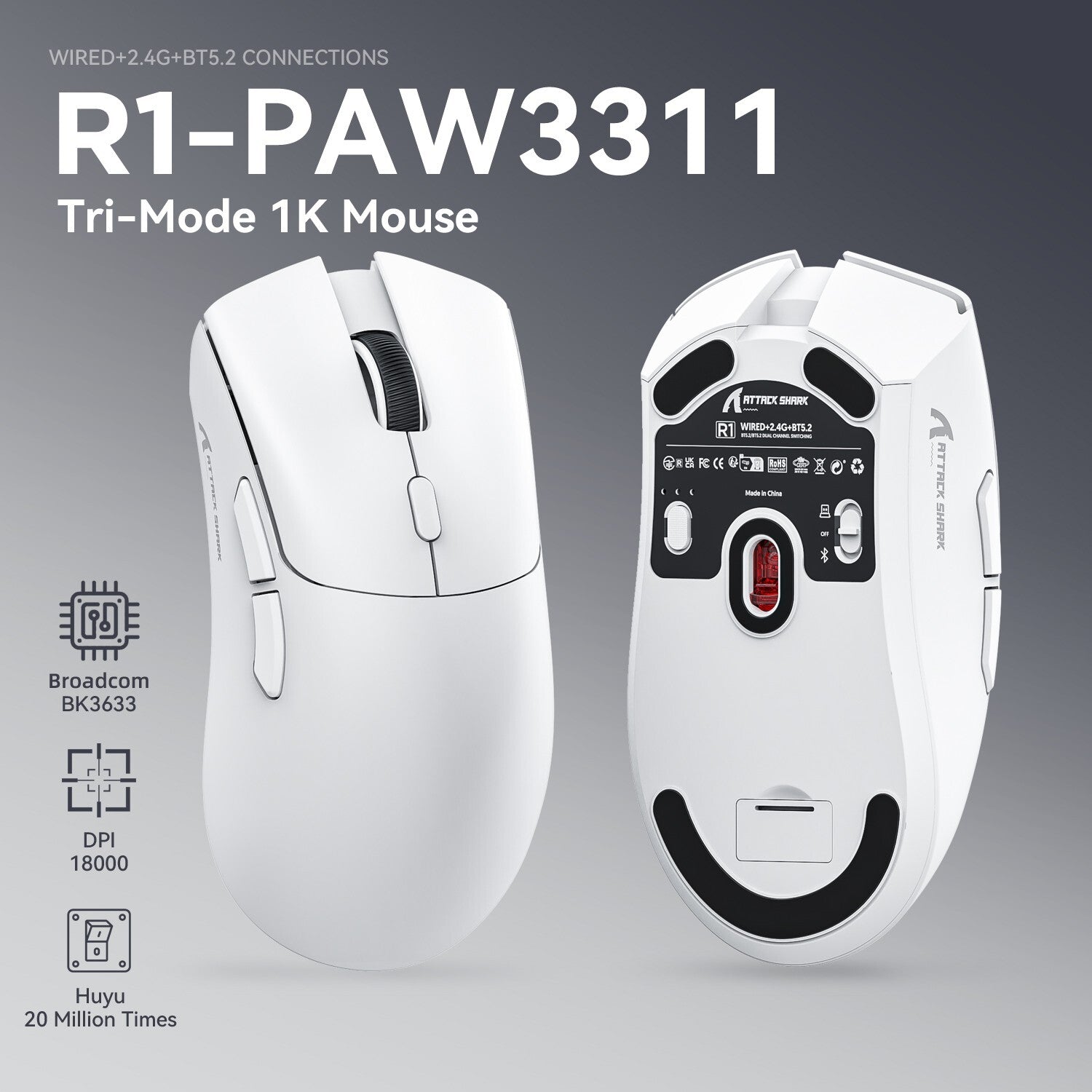 Attack Shark R1 Wireless Gaming Mouse 18000DPI Lightweight 2.4G/Bluetooth
