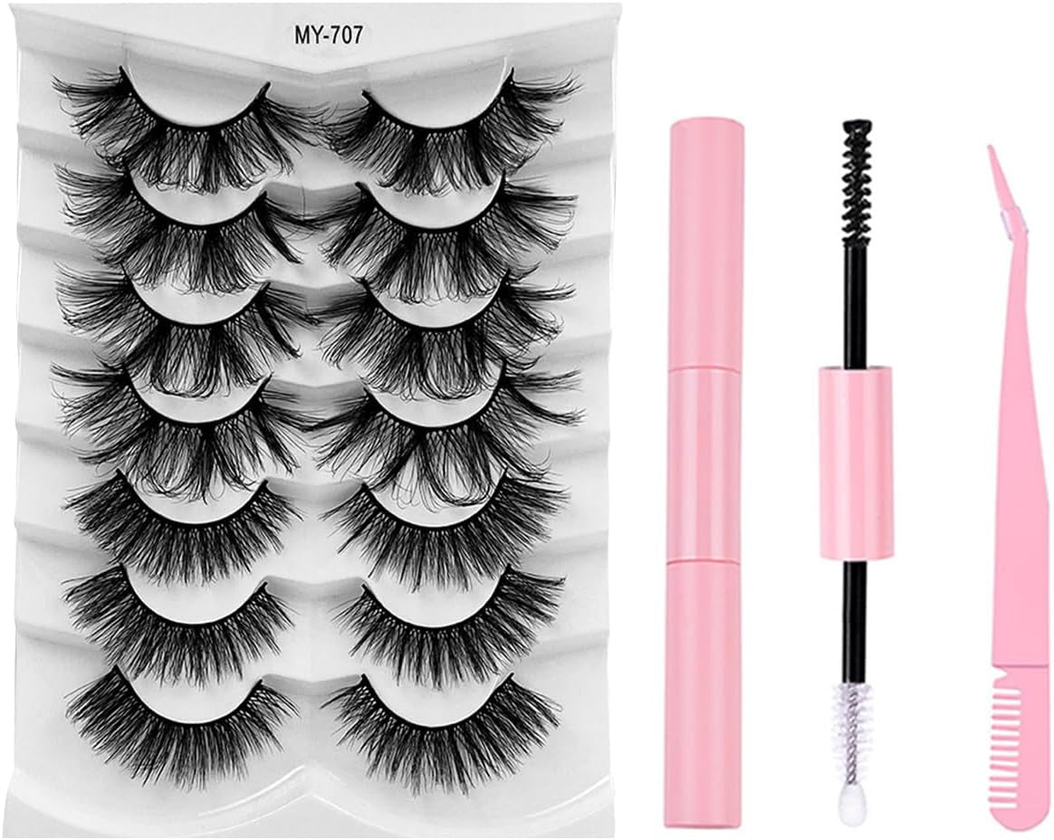 Lash Strips Lashes with Glue False Eyelashes Fluffy Volume 7 Pairs Dramatic Thick Crossed Lash Nature Look Soft Reusable Eyelash for Makeup B5516