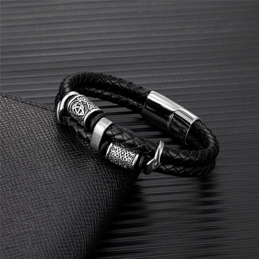Norse Viking Compass Runes Amulet Leather Bracelet for Men Mythology Jewellery