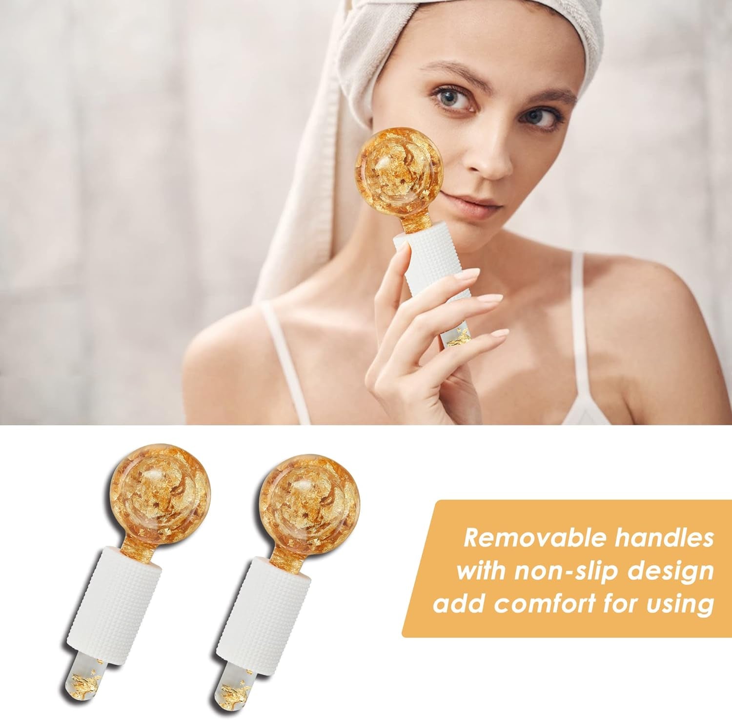 Ice Globes for Facial, Cooling Globes Set for Eye & Neck, Cold Glass Ice Roller Ball, Cryo Sticks Face Globes, Tighten Skin, Reduce Puffiness and Dark Circles, Enhance Circulation, Gold