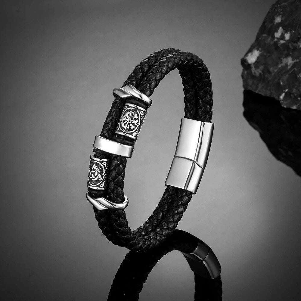Norse Viking Compass Runes Amulet Leather Bracelet for Men Mythology Jewellery