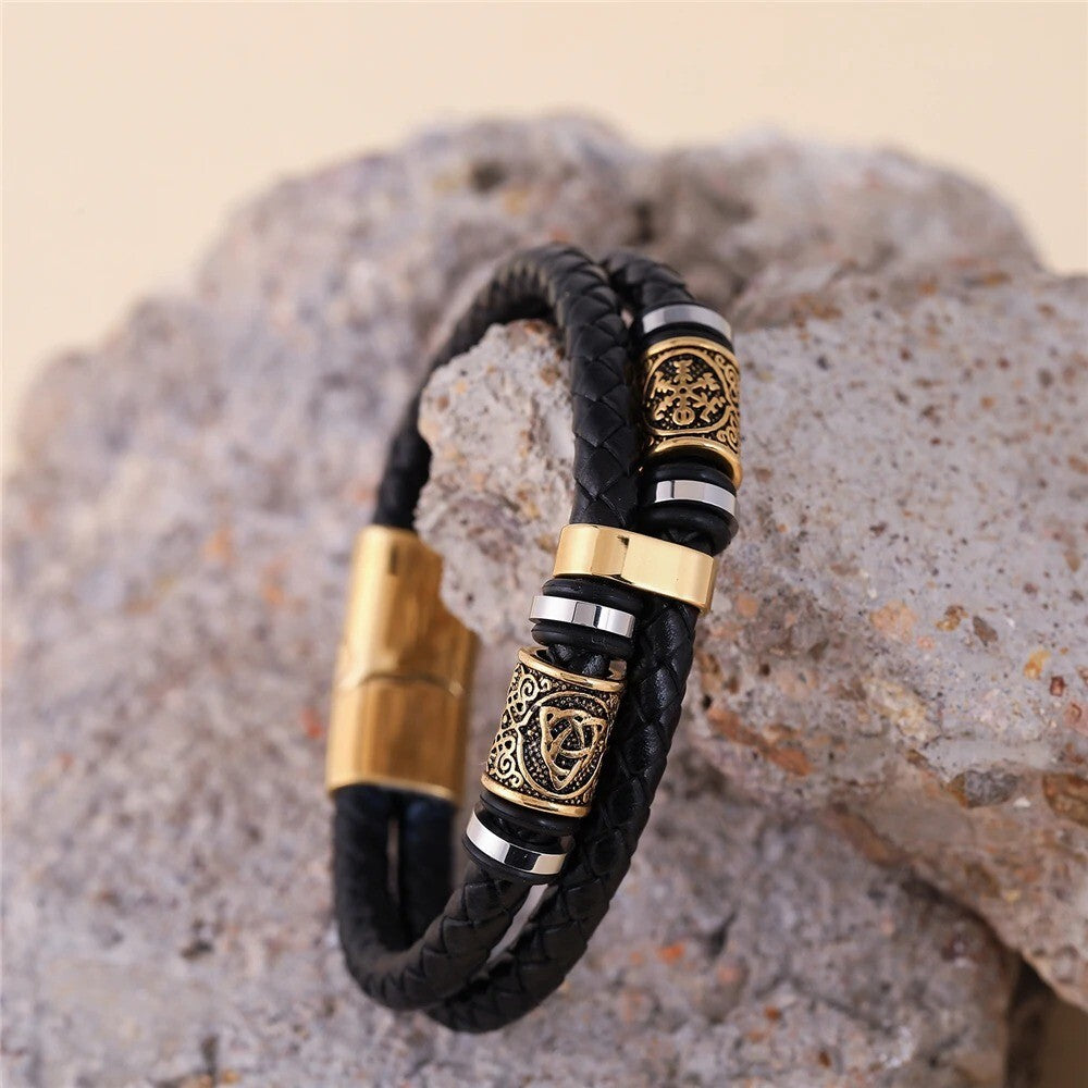 Norse Viking Compass Runes Amulet Leather Bracelet for Men Mythology Jewellery