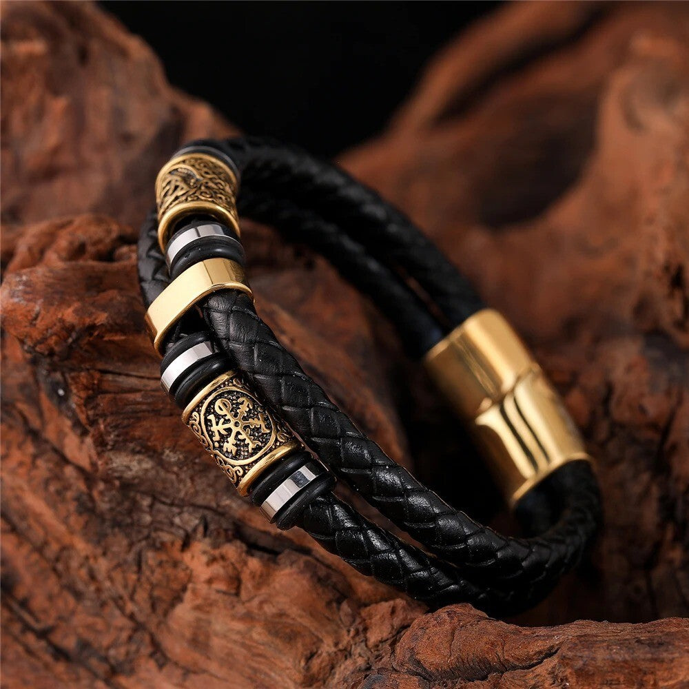 Norse Viking Compass Runes Amulet Leather Bracelet for Men Mythology Jewellery