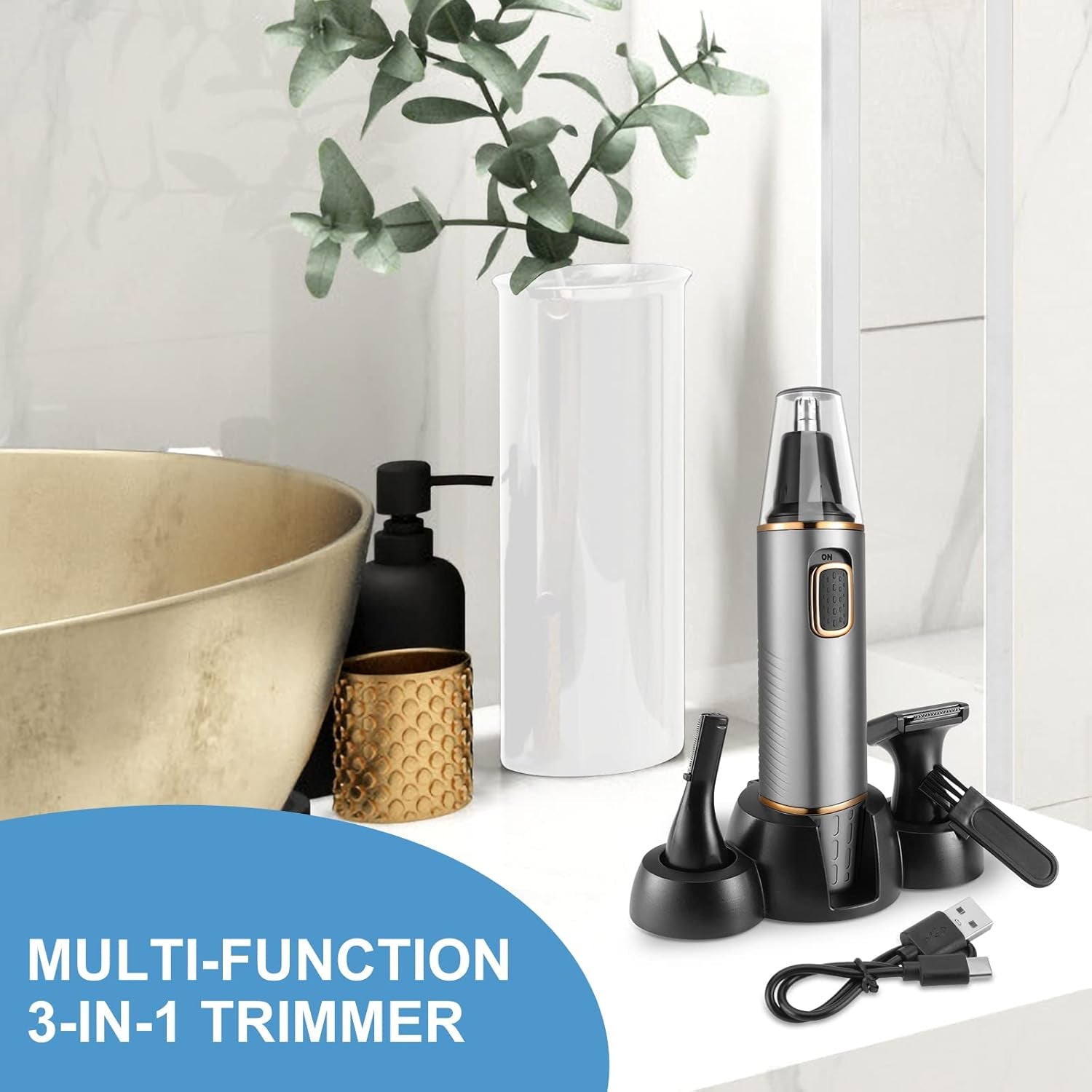 Nose Hair Trimmer for Men,4 in 1 Rechargable Nose Trimmer Men 2025 Professional Upgrade Painless Noses Hair Trimmer Dual Edge Blades with IPX7 Waterproof for Easy Cleansing,Grey Gold