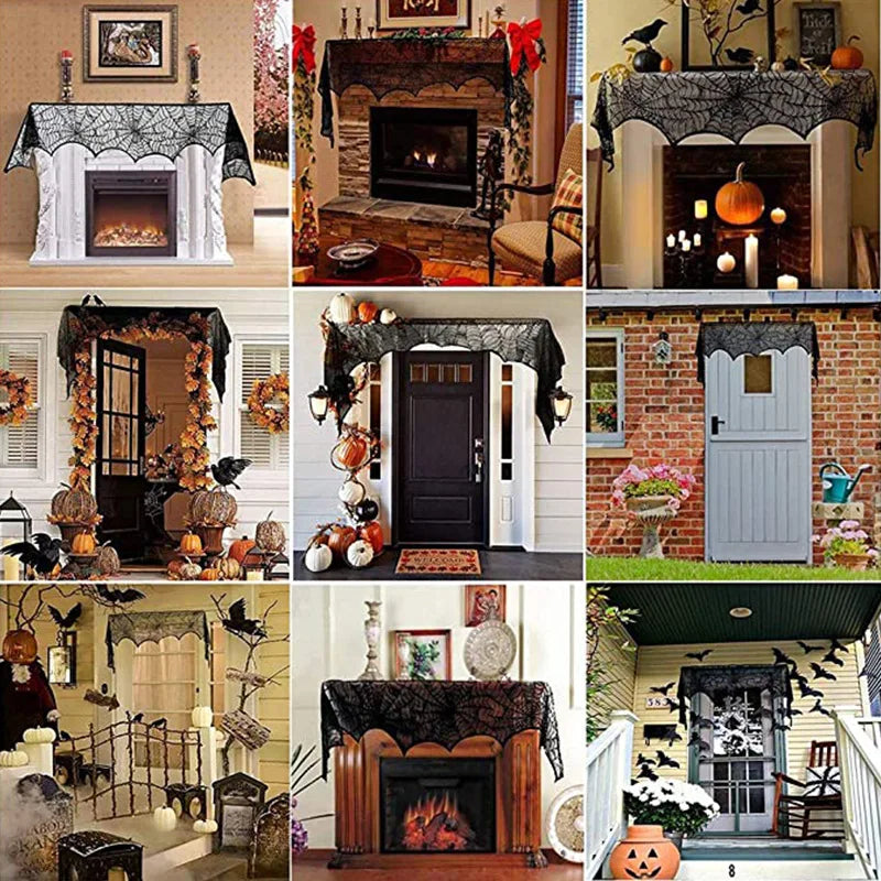 Halloween Decoration for Home Spider Web Lace Tablecloth Skull Door Fireplace Curtain Horror House Party Decoration New Year2022