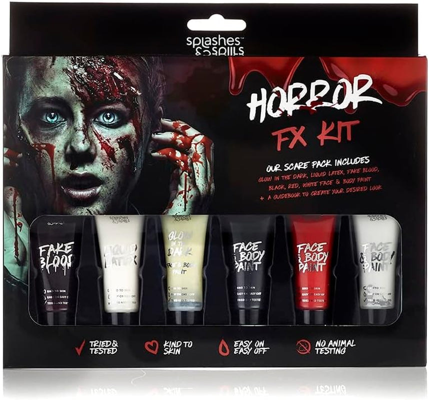 Horror SFX Kit for Halloween Makeup– Full Set of 6 Includes Liquid Latex, Fake Blood, Glow in the Dark Face & Body Paint, plus White, Black and Red Face & Body Paint