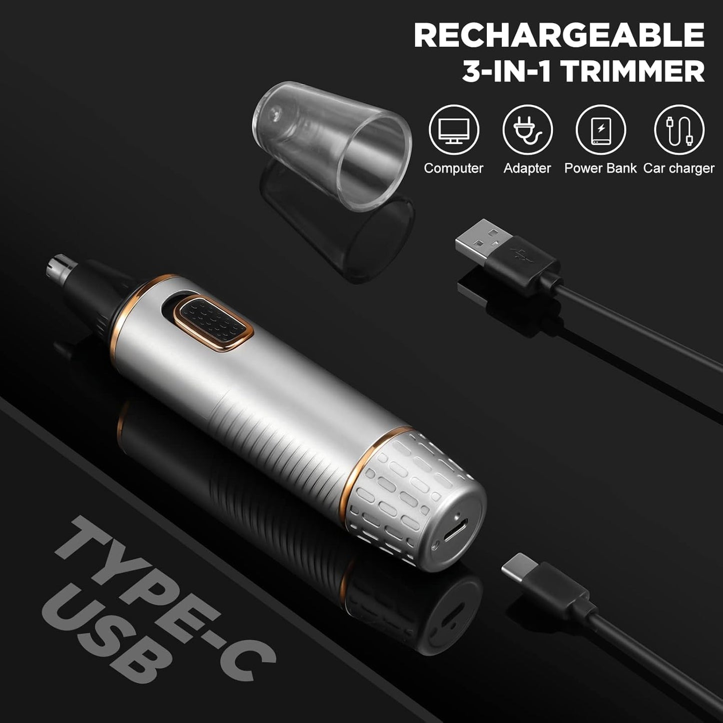 Nose Hair Trimmer for Men,4 in 1 Rechargable Nose Trimmer Men 2025 Professional Upgrade Painless Noses Hair Trimmer Dual Edge Blades with IPX7 Waterproof for Easy Cleansing,Grey Gold