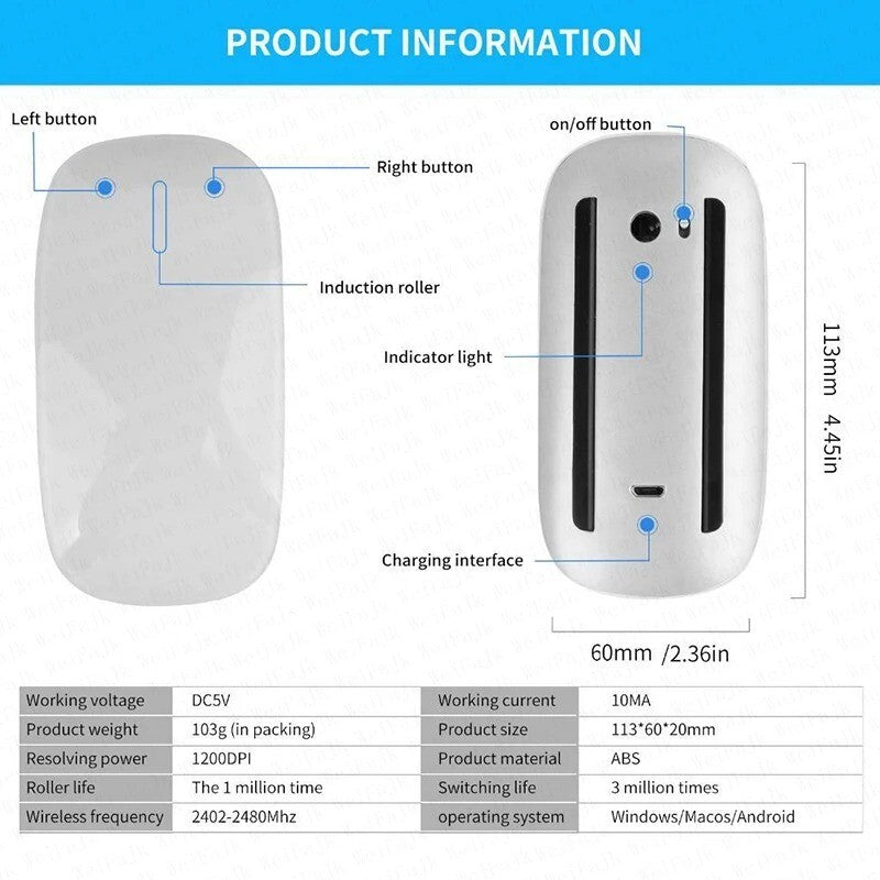 Wireless Magic Mouse with Bluetooth 5.0 Multi-Touch for Mac & Ipad