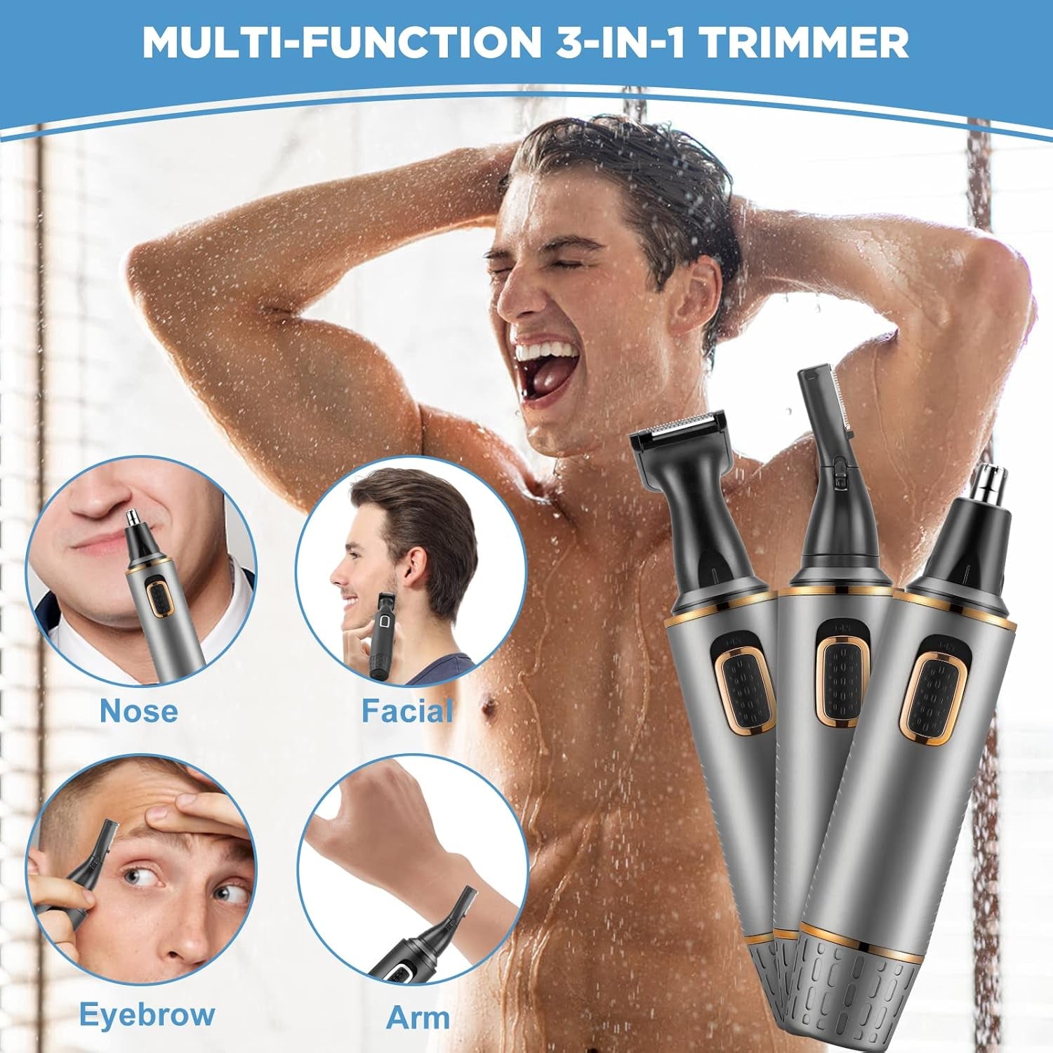Nose Hair Trimmer for Men,4 in 1 Rechargable Nose Trimmer Men 2025 Professional Upgrade Painless Noses Hair Trimmer Dual Edge Blades with IPX7 Waterproof for Easy Cleansing,Grey Gold